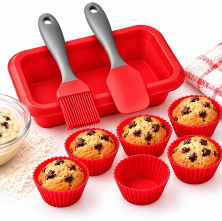 Kit de reposteria silicona: mini budinera, moldes cupcakes, espatula y pincel