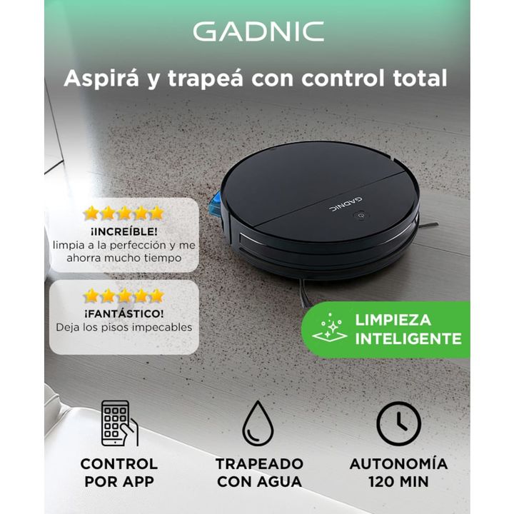 Aspiradora Robot Gadnic 3 Modos Automática Control Remoto App Mopa Tanque de Agua 150 ml Filtro Lavable Programación Auto-Recarga - Vista 2
