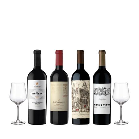 Set Vinos Tintos Malbec Premiados Seleccion x 4 y 2 Copas de Cristal