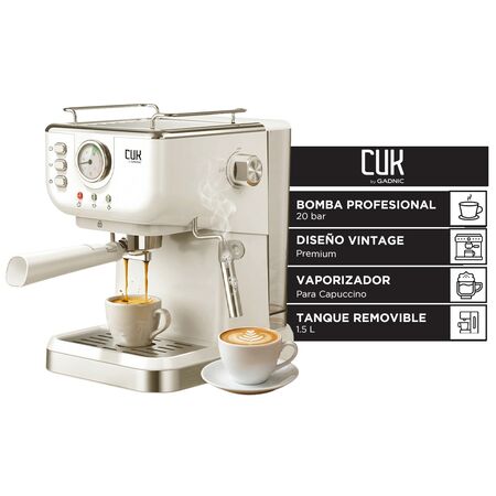 Cafetera Vintage Espresso 20 Bar CUK By Gadnic Con Vaporizador 1050W Manómetro Frontal