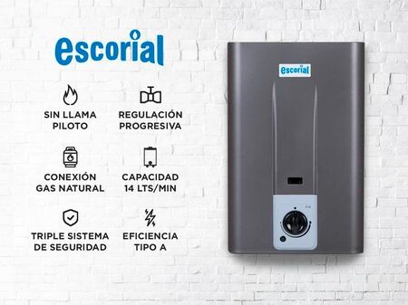 Calefon a gas ESCORIAL CE-14L 14lts gas NATURAL sin llama piloto clase A GRAFITO