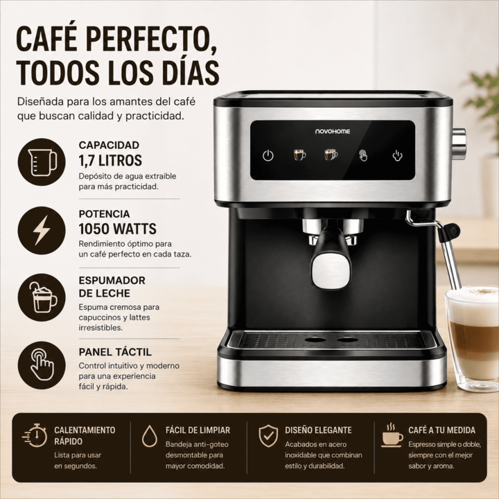Cafetera Expresso Tactil 1.7L 20 Bar Novohome C/Vaporizador - Vista 8