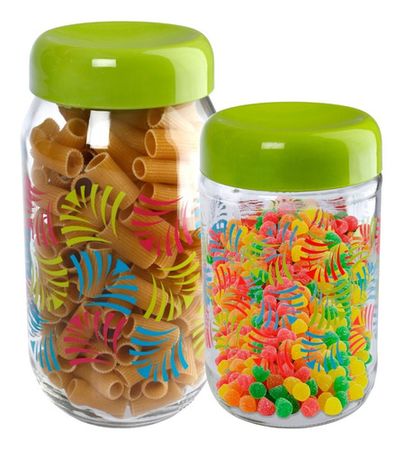 Set X 2 Frasco Vidrio Decorado Cierre Rosca Tapa Plástica Verde