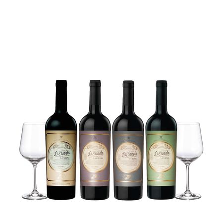 Set Vinos Tintos Finca La Escuela Malbec Seleccion x 4 y 2 Copas Con Estuche