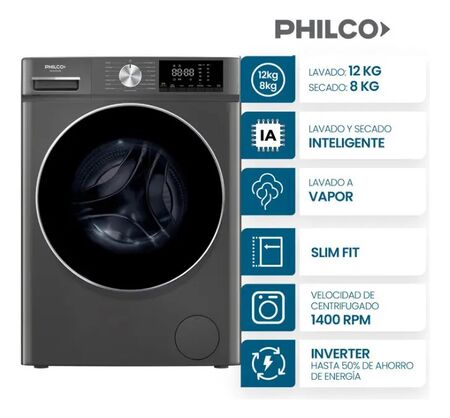 Lavasecarropa Philco 12 Kg Lav/8kg Secad 1400rp C/fron Inver