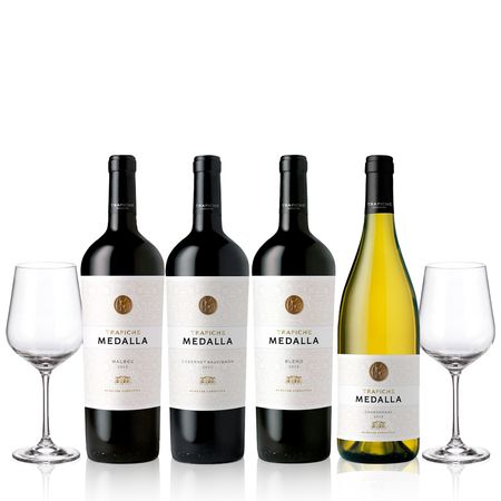 Set Vinos Combiandos Trapiche Medalla Seleccion x 4 y 2 Copas Con Estuche