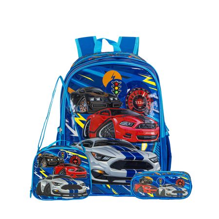 Mochila Escolar Reforzada + Lonchera + Cartuchera Nene Varon Autos Primaria