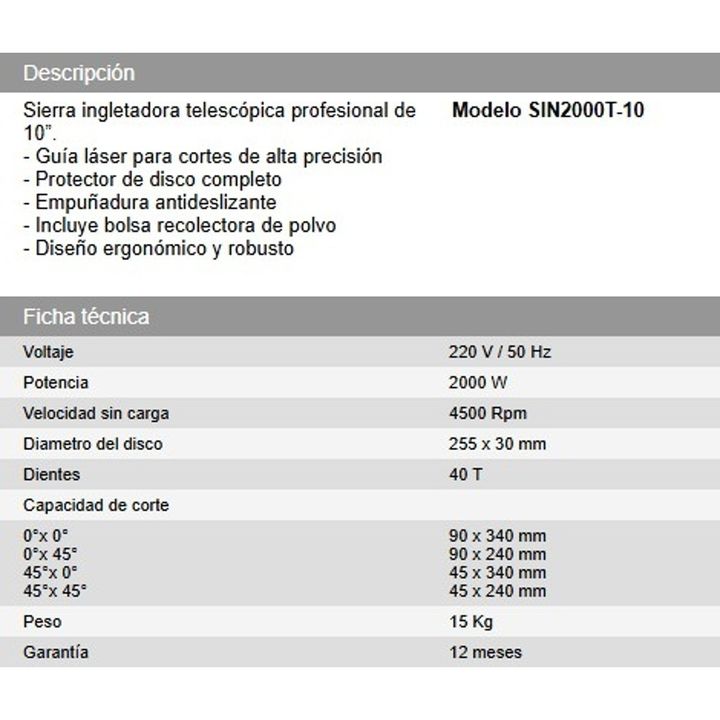 Sierra ingletadora telescopica profesional de 10" Modelo SIN2000T-10 DAIHATSU - Vista 4