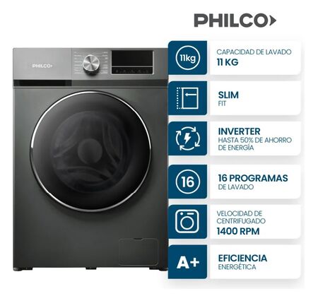 Lavarropas Inverter Philco Carga Frontal 11kg 1400 RPM Grey Silver PHLF111GSN