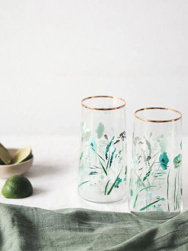 Set 6 Vasos Miuri Floral Con Borde Dorado 520 Ml Trago Largo Aqua - Vista 4