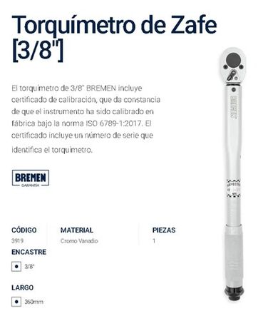 Torquímetro Bremen de Trinquete 3/8 Pulgada 20-110Nm