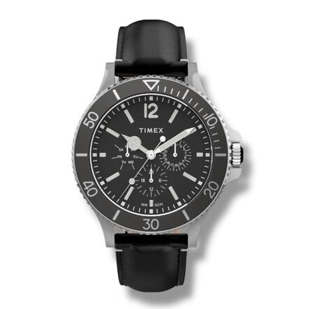 RELOJO ANALOGICO TIMEX NEGRO MALLA CUERO , DET BLANCO Y PLATEADO (RTX0629) (TW2U12900)