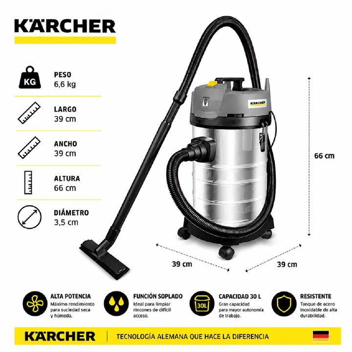 Aspiradora industrial Profesional Kärcher NT 30/1 30L Acero Inoxidable - Vista 2