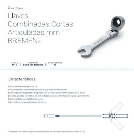 Llave Combinada Bremen 8 Milímetros con Crichet Corta y Móvil