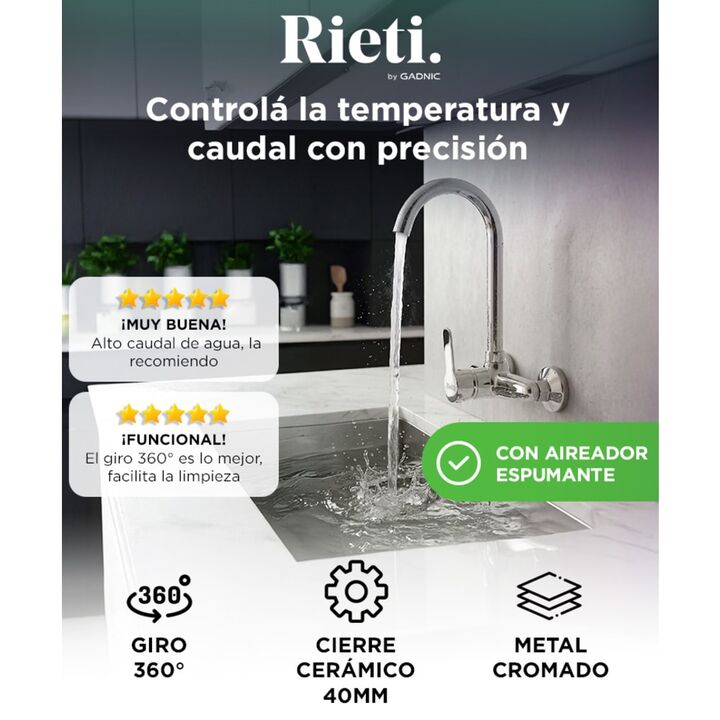 Griferia Monocomando Rieti By Gadnic De Pared Baño y Cocina (Plateado) - Vista 2
