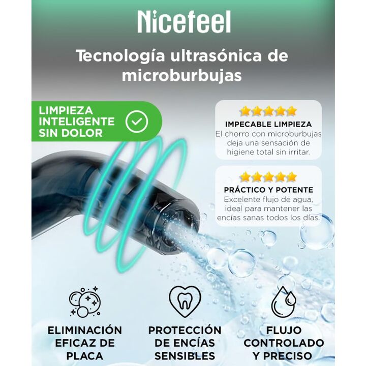 Irrigador Bucal Portatil Nicefeel Inalámbrico 300ml 2 Boquillas Intercambiables 5 Modos - Vista 2