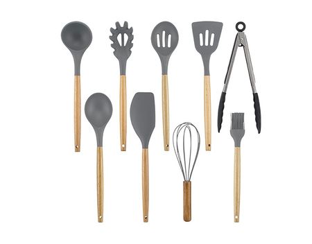 Set X 9 Kit Utensilios De Cocina Gadnic Black2.0 Mango Madera Punta Silicona