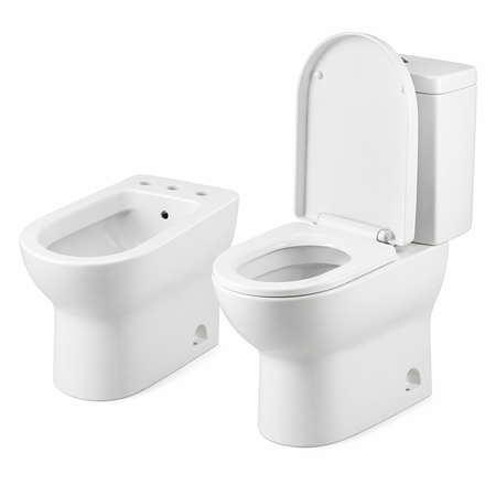 Juego Sanitario Completo Red Copmaco Línea Toledo Inodoro Largo Bidet Mochila Apoyo Asiento Losa Blanca Baño