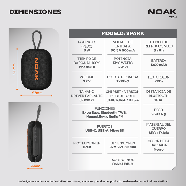 Parlante Portátil Noak Spark Bluetooth Slim 5W RMS - Vista 8