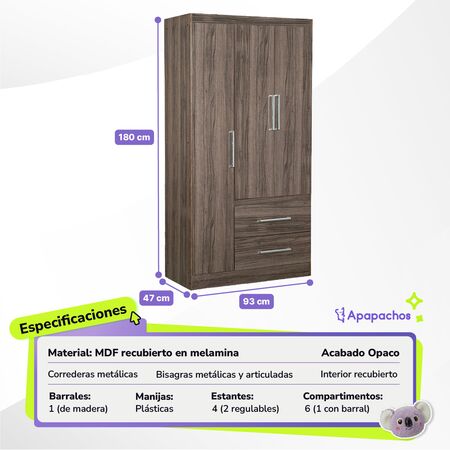 Placard Ropero Dakota 3 Puertas 2 Cajones Reforzado Maximo Fortaleza