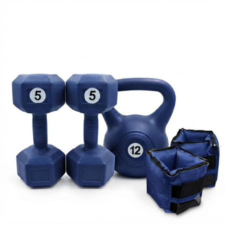 Combo Pesa Rusa 12 kg + Par de Mancuernas 5 kg + Par de Tobilleras 3 kg
