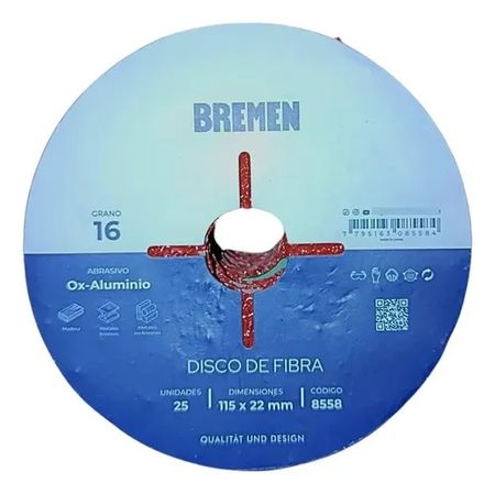 Disco de Fibra Bremen 4 1/2 Pulgadas Grano 16 Óxido Aluminio 25 Unidades