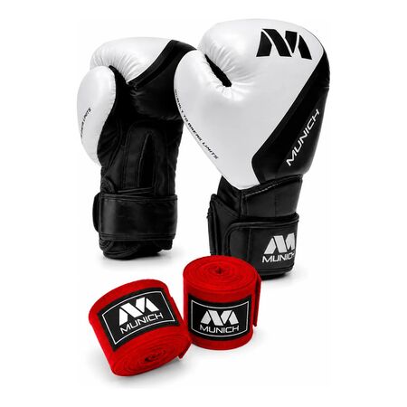 Kit Boxeo Munich Guantes Rio Profesional + Vendas Band 5m 16 Blanco