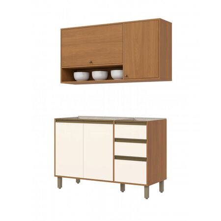 Combo Bajo Mesada + Alacena + Mesada Acero Inox Henn 1.20m C582-214/C583-221 Blanco/Roble