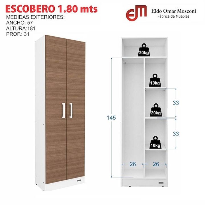 ESCOBERO MOSCONI MUEBLE ORGANIZADOR DE LIMPIEZA 180 CM 2 PUERTAS 10162 COLOR BLANCO - Vista 3