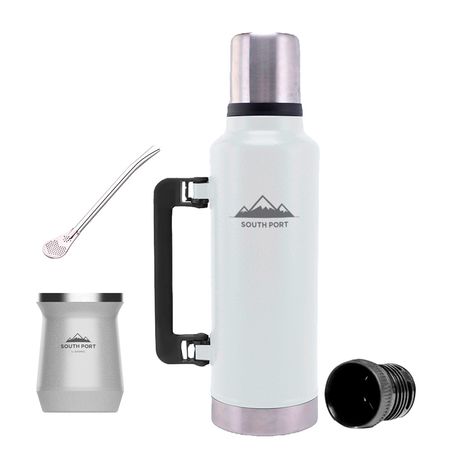 Kit de Termo Blanco de 1.3 Litros, Mate Blanco y Bombilla South Port Acero Inoxidable