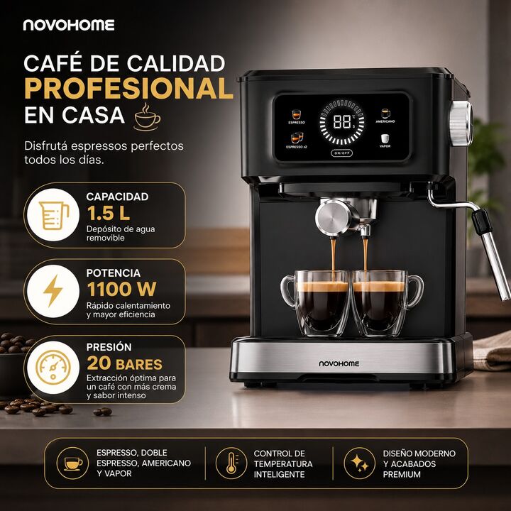 Cafetera Expresso 3 en 1 C/vaporizador Novohome 1.5l 20 Bar - Vista 1