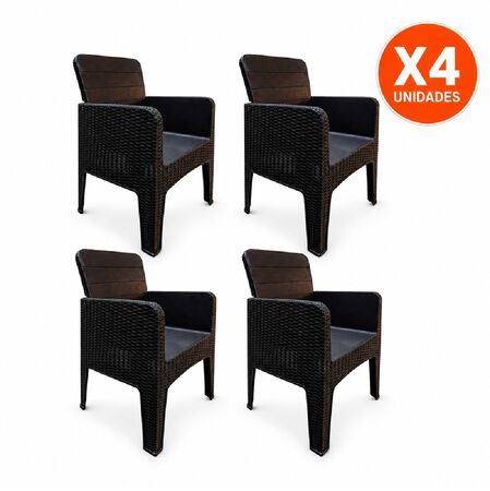 Combo x4 Sillón Plástico Símil Ratan Reforzado Jardin Milo Quality Negro