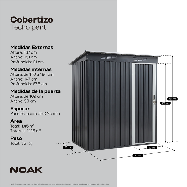 Cobertizo Depósito 151x187x91cm Noak Negro Acero Galvanizado - Vista 6
