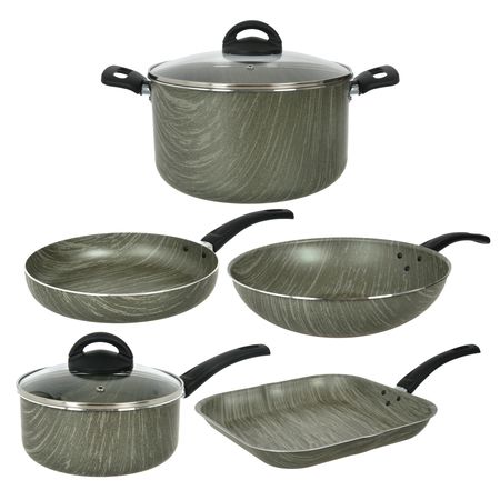 Bateria 7 Piezas Cacerola Olla Sartén Bifera Grill Aston Terra