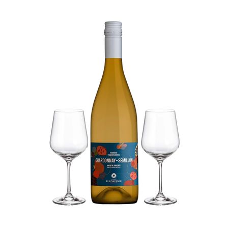 Set Vino Blanco Pequeñas Fermentaciones Chardonnay Semillon y 2 Copas Con Estuche