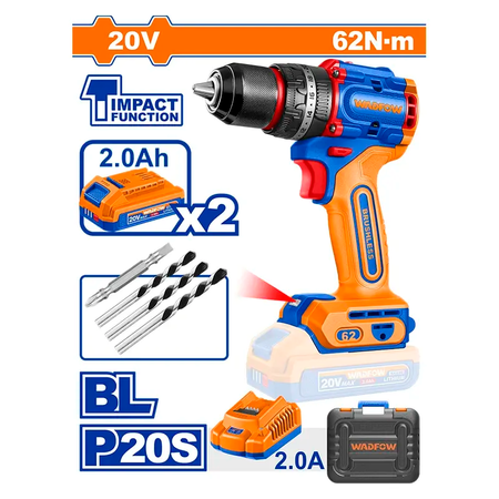 Taladro Imp WADFOW 20V + CARG + 2BAT  