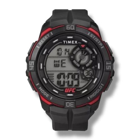 RELOJ DIGITAL TIMEX LINEA UFC, MALLA NEGRA, CAJA NEGRA, DET ROJOS (RTX0639) (TW5M59100)