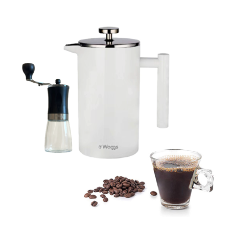 Set Cafetera Prensa Francesa Y Molinillo Manual Vidrio Waggs Crema