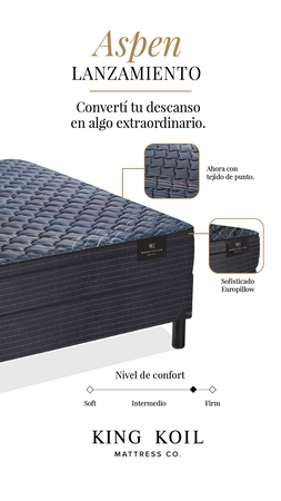 Colchon y Sommier King Koil Aspen 1 Plaza y Media 100x190 Resortes LFK con Euro pillow de Espuma Firme