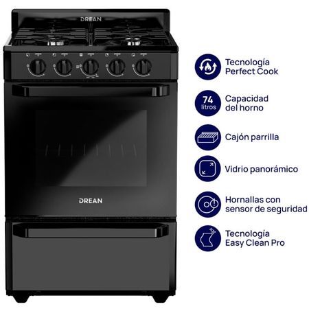 Cocina Drean 56Cm Negra Multigas Con Encendido Cd5603An0