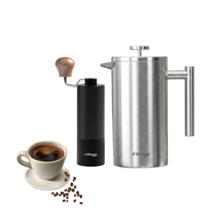 Set Cafetera Prensa Francesa Y Molinillo Regulable Waggs Plateado