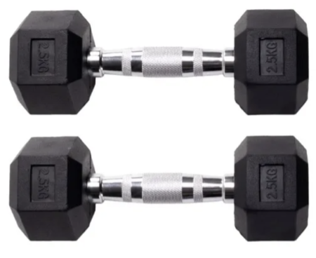 Par de pesas mancuernas hierro cromadas engomadas premium 2,5 kgs c/u + kit de regalo