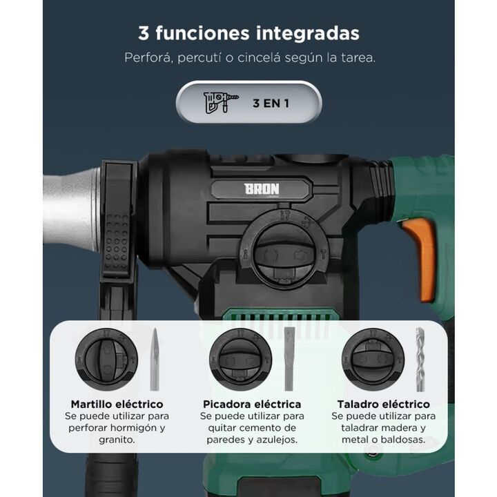 Rotomartillo Bron by Gadnic 3 en 1 Alta Potencia 1500W Velocidad Ajustable SDS Plus 800 RPM 5J 230V 50Hz Kit Completo Broca Copa 60 mm - Vista 4