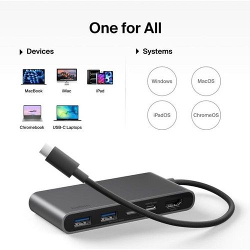 Belkin USB-C 5-in-1 Hub / 2 USB-A 5Gbps / USB-C 5Gbps / USB-C PD 3.0 100W / HDMI 2.0 4K@60Hz - Vista 3