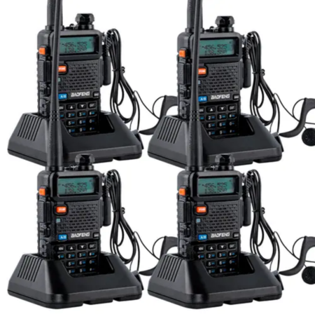 Handy Baofeng UV-5R Kit x4 Bi-Banda 5w Hasta 12km + 8 Baterías y 4 Manos Libres