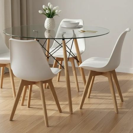 Juego De Comedor Mesa Vidrio 100 + 4 Sillas Tulip Premium Blanco