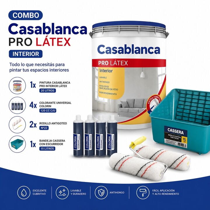 Combo Pintura Casablanca Pro Interior 20L + 4 Colorantes + 2 Rodillos + Bandeja - Vista 1