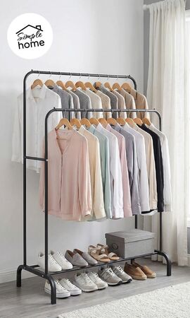 Perchero De Pie con Doble Barral de Acero y Base Porta Calzados