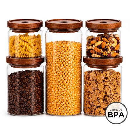 Set Frascos De Vidrio Con Tapa De Madera Gadnic Cierre Hermético Cocina 5 Unidades