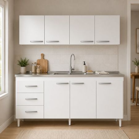 Juego de Alacena y Bajo mesada 160cm Combo Organizador de Cocina Blanco Mate